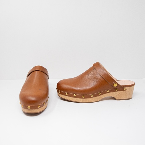 NEW J. Crew Convertible Leather Studded Embellished Wood Sole Clogs Shoe Brown - Picture 1 of 4